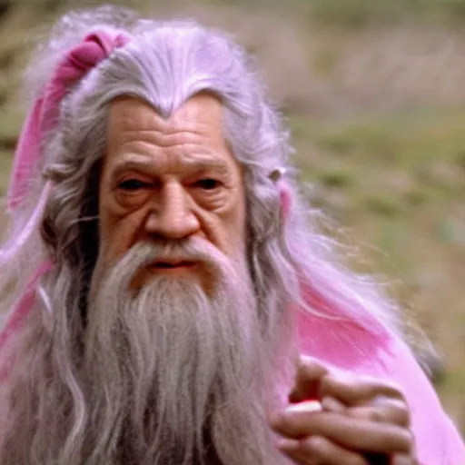 Prompt: portrait of gandalf the pink, hair ribbon, holding a blank playing card up to the camera, movie still from the lord of the rings