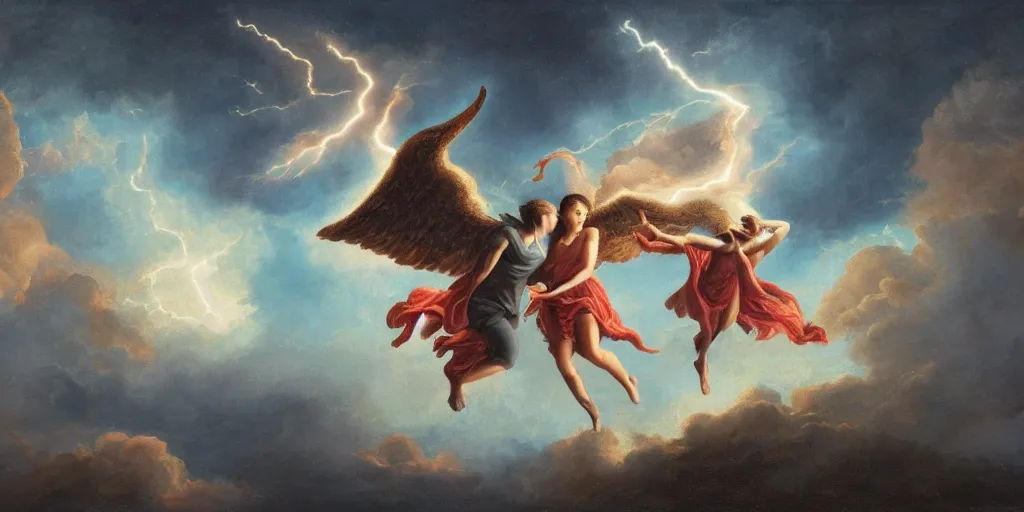 Image similar to young couple falling through clouds, winged angel & demon with tail. background clouds, illuminated by lightning and fire