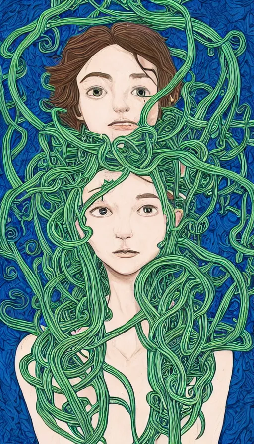 Prompt: very detailed portrait of a 2 0 years old girl surrounded by tentacles, the youg woman visage is blooming from fractal and vines, by rebecca sugar