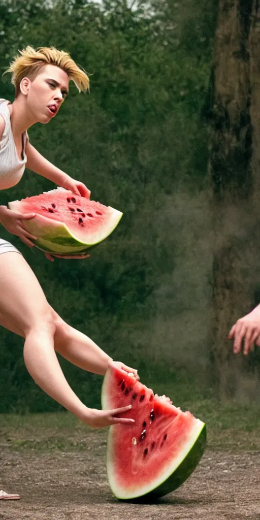 Image similar to scarlett johansson roundhouse kicking and smashing a watermelon, film still, highly detailed, film grain, behind the scenes, photorealism