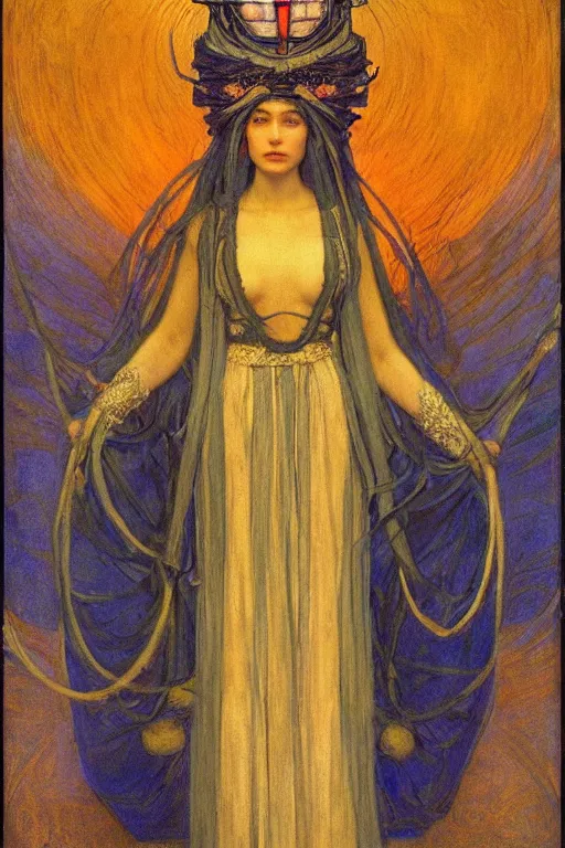 Image similar to queen of the twilight with her lantern and regalia, by Annie Swynnerton and Nicholas Roerich and jean delville, dramatic cinematic lighting , ornate headdress , flowing robes, lost civilizations, extremely detailed