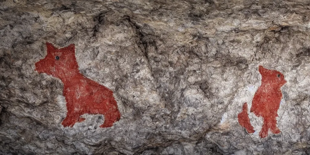 Prompt: A Yorkshire Terrier very roughly sketched on the wall of a cave, a petrogliph, stone art in red by Altamira Cave dwellers, stone art