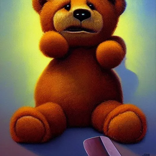 Prompt: teddy bear scary monster with the knife in his hand atmospheric lighting, colorful painting, golden ratio, by Jason Edmiston