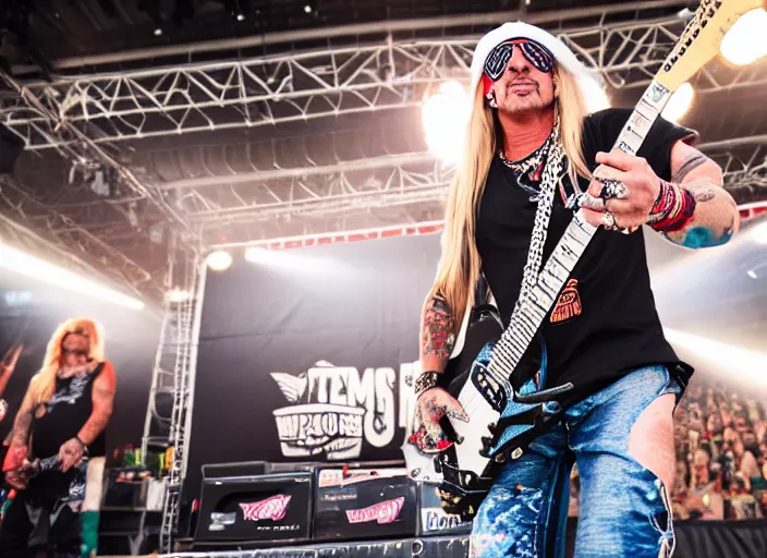 Image similar to photo still of brett michaels on stage at vans warped tour!!!!!!!! at age 4 8 years old 4 8 years of age!!!!!!!! shredding on guitar, 8 k, 8 5 mm f 1. 8, studio lighting, rim light, right side key light