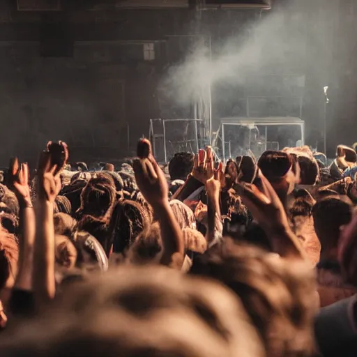 Image similar to Blistered cups of coffee are being handed out by a stringy-haired, sweaty man who is wearing an I.V. drip in his arm and a cigarette between his lips. A few people clamber up onto the stage to sit on the rickety chairs that have been set out for them; others stand along the wall or lean against the cracked concrete pillars. The only ones sitting down are those with crutches or canes—they've brought their own seats.