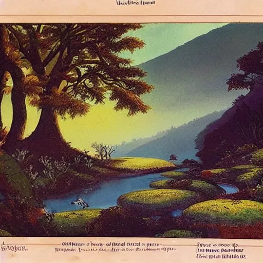 Image similar to A beautiful photograph of a landscape. It is a stylized and colorful view of an idyllic, dreamlike world with rolling hills, peaceful looking animals, and a flowing river. The scene looks like it could be from another planet, or perhaps a fairy tale. umber by Hal Foster relaxed, dull