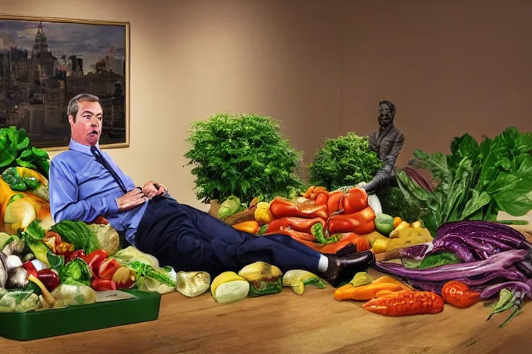 Image similar to nigel farage laying on top of vegetables on a table, a bronze sculpture by jeff a. menges, trending on pinterest, hyperrealism, hyper - realistic, hyper realism, playstation 5 screenshot