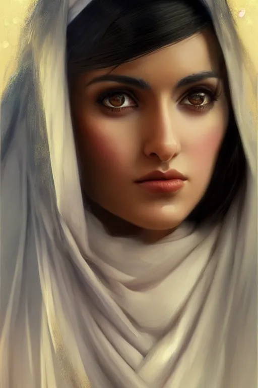 Prompt: modern tanned Ameera al-Taweel, bright blue eyes, wavy black hair, white veil, closeup, focus face, elegant, highly detailed, centered, oil painting, artstation, concept art by tom bagshaw