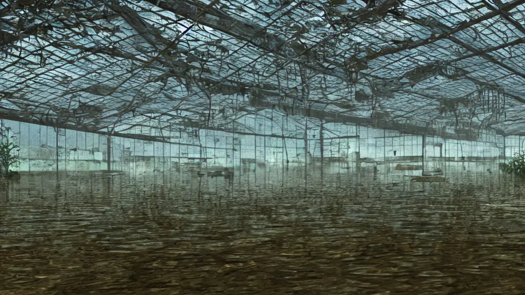 Image similar to exploring an abandoned flooded greenhouse, submerged in lake with aquatic life, hyperrealistic, ambient lighting highly detailed, 4 k hd