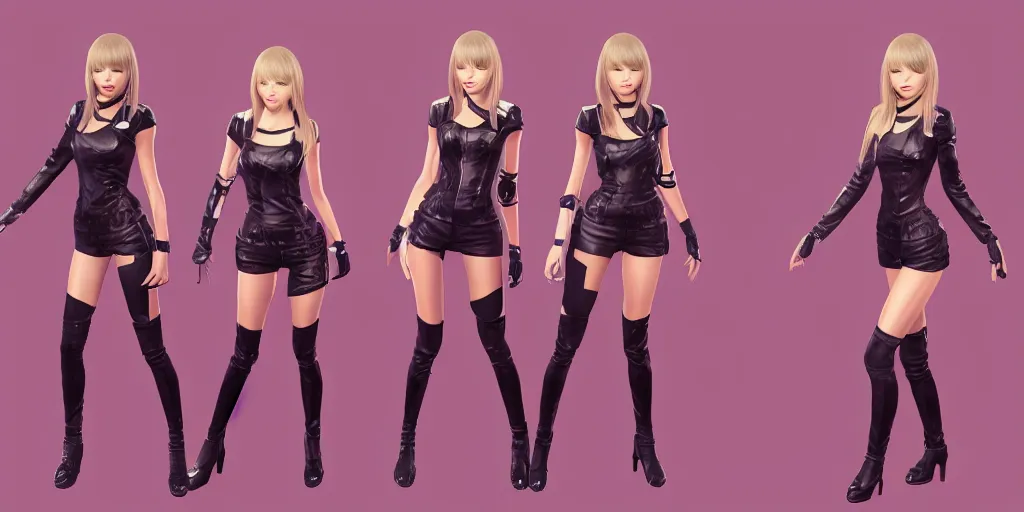 Prompt: full-body character sheet of Taylor swift for the music video ‘More’ by KDA (league of legend), 3d render, octane render, 4K, volumetric, trending on art station