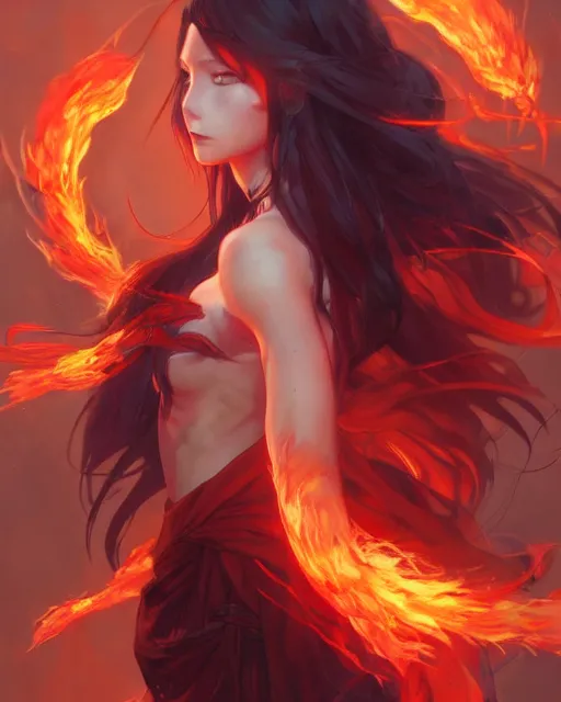 Prompt: red eyed beautiful long haired anime girl, full body photo, flames everywhere, highly detailed, digital painting, artstation, concept art, smooth, sharp focus, illustration, art by artgerm and greg rutkowski and alphonse mucha