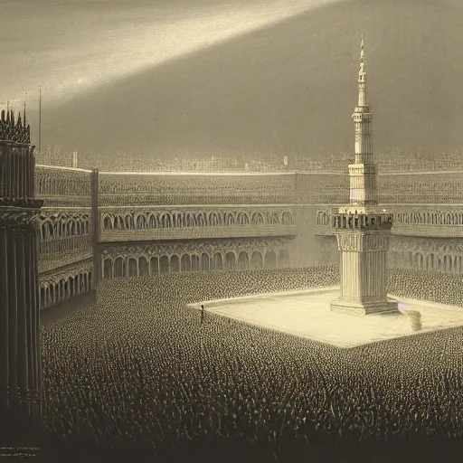 Image similar to painting of the kaaba on hajj day, highly detailed, volumetric lighting, god rays, by gustave dore and john collier