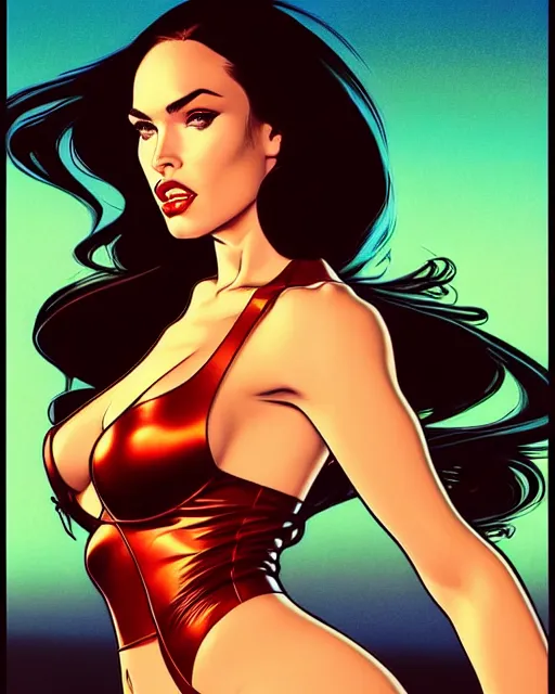 Prompt: low angle closeup beautiful very seductive megan fox retro scifi pinup, action glamour pose, windblown dark hair, hyper detailed, digital art, studio lighting, smooth, ambient volumetric lighting, sharp focus, frank miller, wlop, anna dittmann, moebius!, alphonse mucha, patrick nagle!!, rim lighting, synthwave