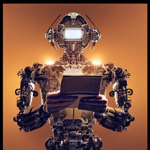 Image similar to a beautiful intricate fine art portrait photo of a happy mechanical futuristic cybernetic humanoid reading a letter of admission held in hands, by anna dittman and zach sutton, eyes light up, happiness!, perfection!, studio lighting, golden ratio composition, 50mm lens, bionic, cybernetic scifi, deep depth of field, artstation, 8K