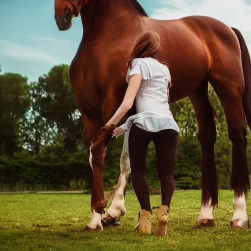 Prompt: photo of an upright on two feet horse walking hand and hand with a woman