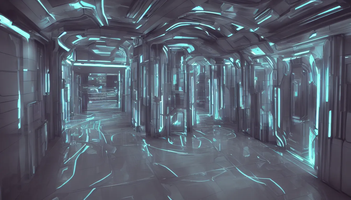 Prompt: Octane render, 3d model, futuristic hallway within a spaceship.Inspired by the design of a neon shop sign. First person perspective.