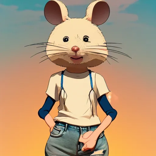 Prompt: in the style of studio ghibli, anthropomorphic mouse, female, wearing denim shorts and tank top, detailed, intricate, aesthetic, artistic, ambient occlusion, volumetric light effect, 8 k resolution