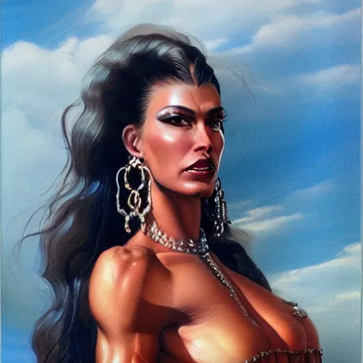 Image similar to detailed oil portrait of tall hyper - muscular shining bronze - skinned warrior woman with silver eyes, full body, with long wavy flowing black hair and big gold earrings, jewelry, red lipstick, makeup, feminine, volumetric lighting, dynamic composition, art by boris vallejo, scifi, concept art