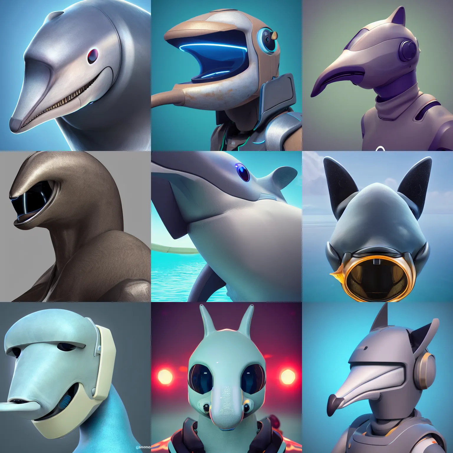 Prompt: furry art, bust profile picture of a male robotic anthro bottlenose dolphin, visor covering eyes, rounded beak, commission on furaffinity, cgsociety, octane render, subnautica