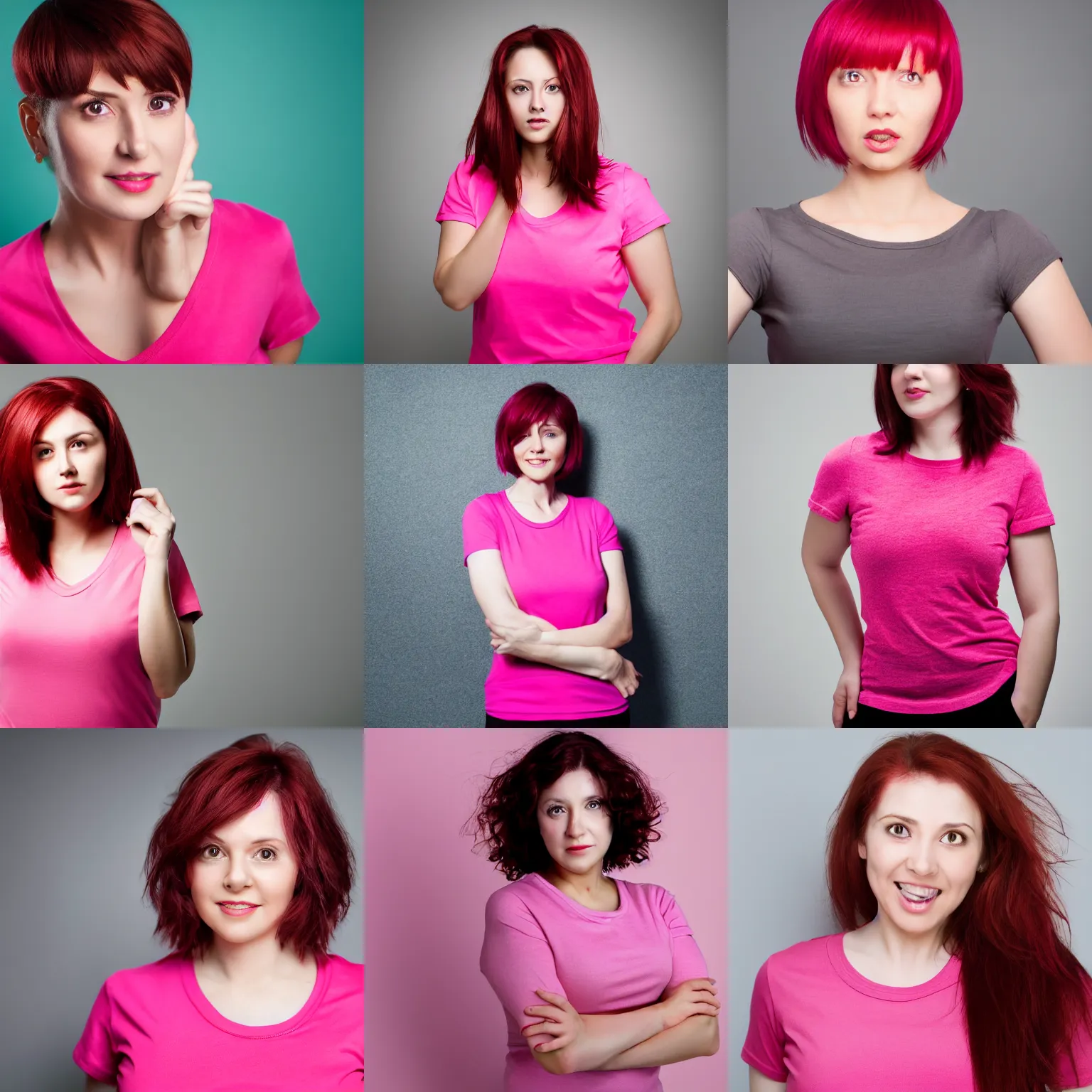 Prompt: a woman with short dark - red hair wearing a pink t - shirt strikes a pose. studio lighting. white background. 4 k.