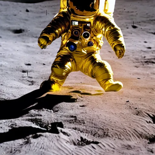 Prompt: a bunny!! astronaut! in a golden spacesuit standing on the moon. zeiss lens, 5 0 mm, dynamic pose, action pose