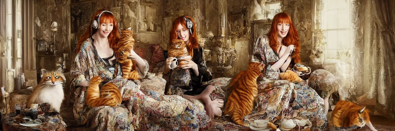Image similar to a stunning hyper-detailed photorealistic painting of a solitary slender beautiful smiling woman with long ginger hair and bangs, wearing a luxurious silk robe, wearing headphones and posing with her large ginger tabby cat and her raccoon and parrots in an overstuffed easy chair in her sunlit victorian living room, holding a porcelain parrot-shaped coffee mug and a donut, perfect eyes, fashion photography, cinematic lighting, octane render, IBEX Masters, unreal engine, 85 mm lens,