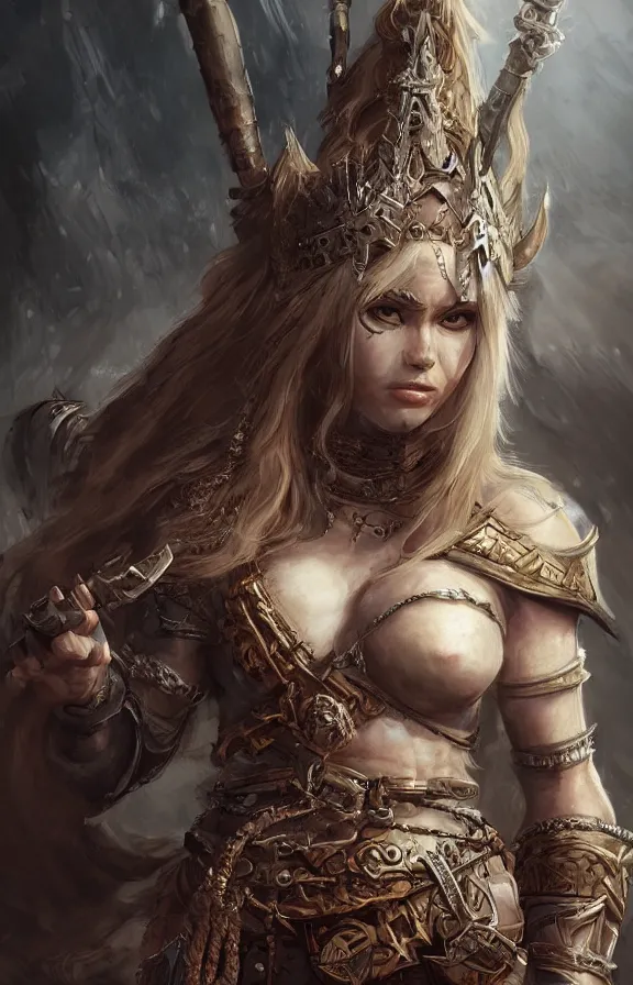 Prompt: an concept art of the barbarian queen, pale hair, one eye, intricate details, detailed face, detailed armour, artstation, epic pose, ambient light, by rembrandt