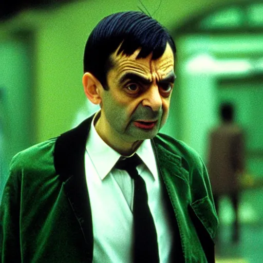 Prompt: Mr Bean as neo in the matrix, fight scene, green tinted, 35mm film