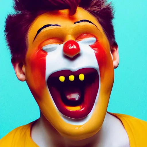 Image similar to photo of generic human face becoming of ronald mcdonalds screaming in pain