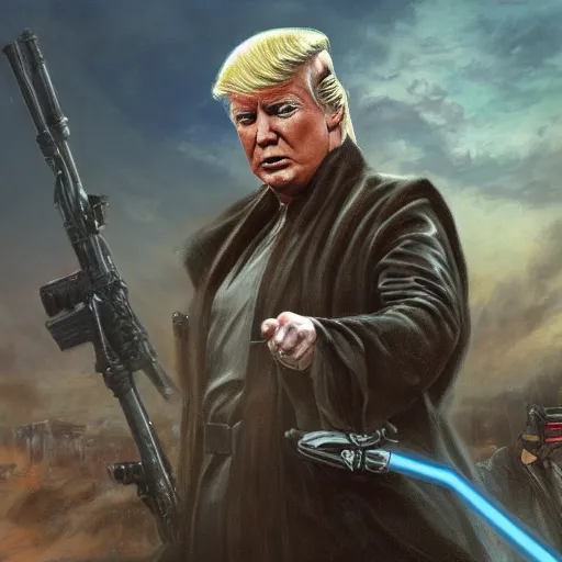 Image similar to Donald Trump as a jedi hero, capitol hill, post-apocalyptic, cinematic, atmospheric, highly detailed, Emanuel Leutze, Carl Wahlbom