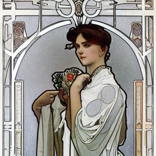 Image similar to 3 / 4 portrait hyper detailed woman priest catholic, elegant, highly detailed, sharp focus, illustration, art by alphonse mucha