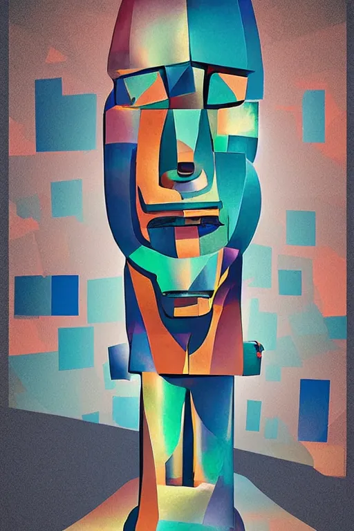 Image similar to cubist moai statue cutout digital illustration cartoon colorful beeple