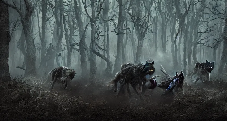 Image similar to an epic action concept masterpiece of a rabid wolfpack, in a forest made of nightmares, inspired by sd ai. horrific digital art, extremely moody lighting