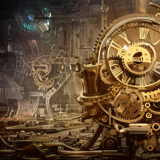 Prompt: a clockwork beast in the middle of a machine city, 8 k, shallow depth of field, 8 k, ultra high detail, concept art, w 1 0 2 4