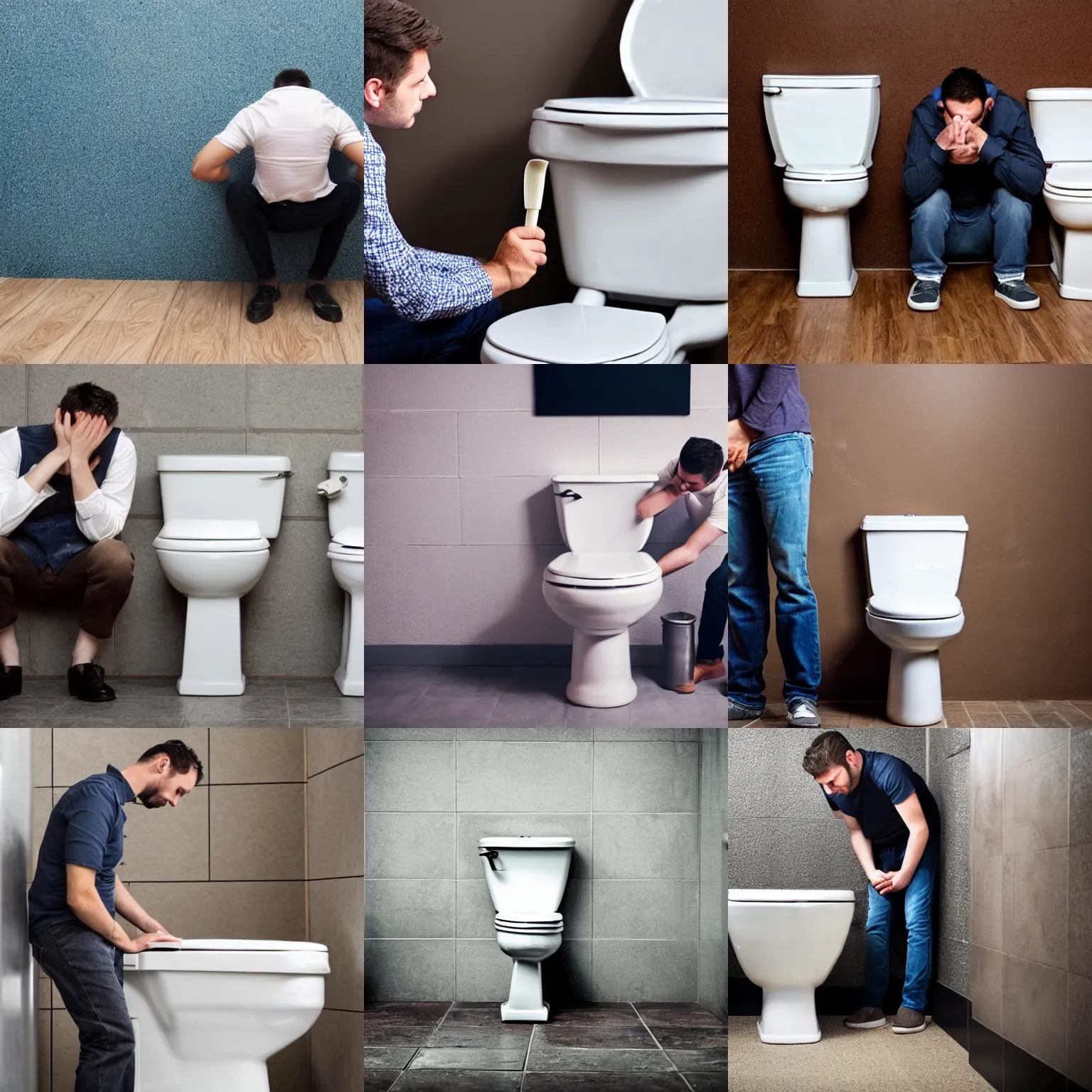 Prompt: man breaking up with toilets