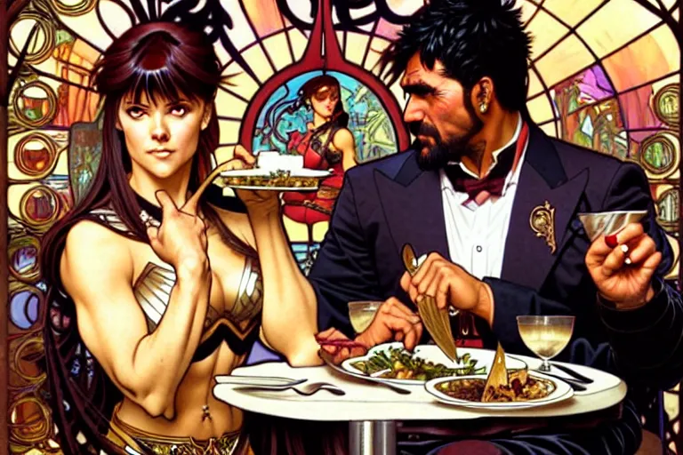 Image similar to xena warrior princess eating at a restaurant, with a hispanic man in a suit as her companion, art by artgerm and greg rutkowski and alphonse mucha