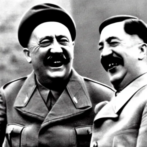 Prompt: hitler and stalin laughing out loud after ww 2