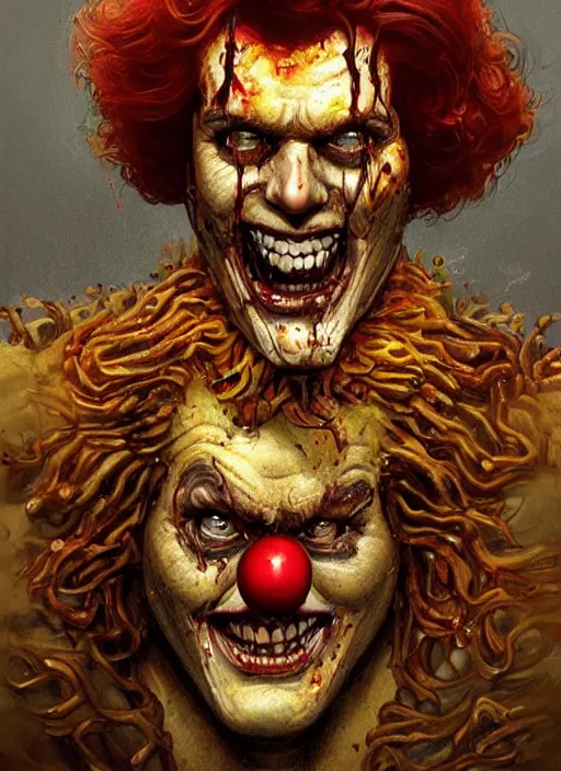 Image similar to portrait of Ronald McDonald in Evil Dead (2013), intricate, highly detailed, centered, digital painting, artstation, concept art, smooth, sharp focus, illustration, artgerm, donato giancola, Joseph Christian Leyendecker, WLOP, Artgerm