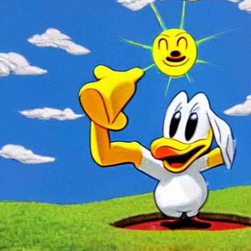 Image similar to Donald duck throws a quarter in a well while the sun is smiling in the sky