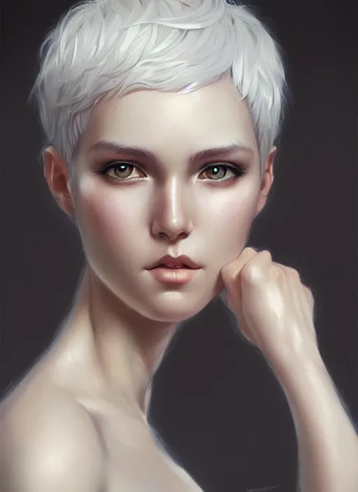 Prompt: girl with short white hair, beautiful highly detailed face, beautiful painting by artgerm and greg rutkowski and raymond swanland