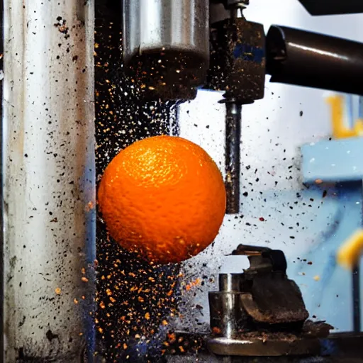 Image similar to orange with face being crushed under a hydraulic press