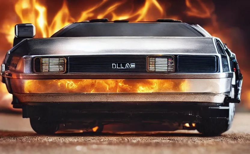 Image similar to a time-traveling delorean styled toaster with toast, bread inserted into slot, glowing heating coils, stainless steel, professional product shot, magazine ad