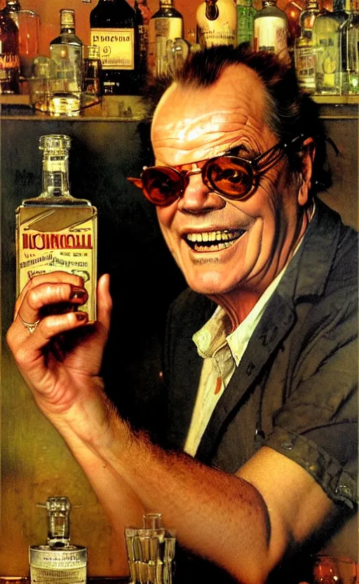 Image similar to illustration of a clear whiskey bottle with jack nicholson inside the bottle, by norman rockwell, roberto ferri, daniel gerhartz, edd cartier, jack kirby, howard brown, tom lovell, jacob collins, dean cornwell