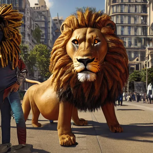 Image similar to anthropomorphic scene of lion at a street protest, exquisite detail lion in hippie clothes, Streetwear, hippie fashion, protest movement, trending on artstation, incredible detail, Graeme Base, 8k detail, gi, global illumination, physically based rendering, photoreal, small details, intricate complexity