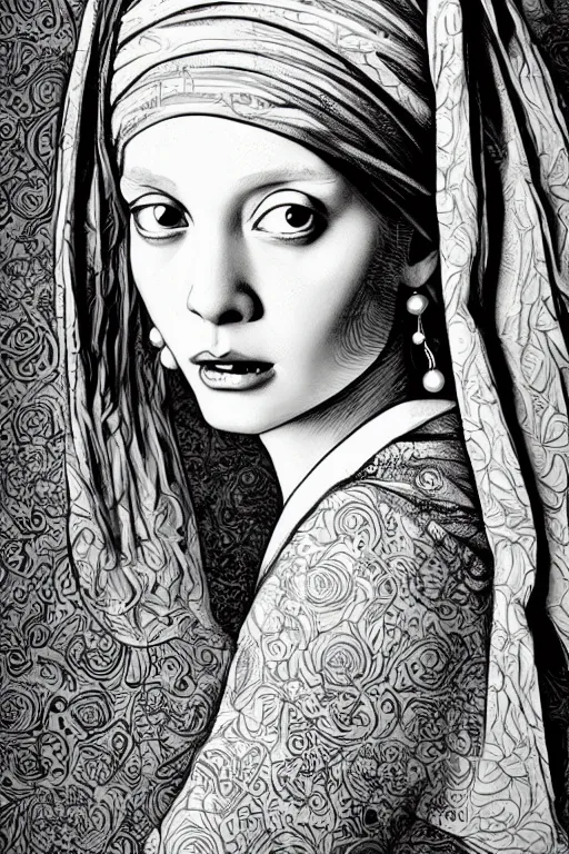 Image similar to beautiful portrait of a woman, negative no not the girl with a pearl earring, highly detailed ink illustration, b & w clean shaped illustration by kim jung gi, ric estrada, ron english and eiichiro oda