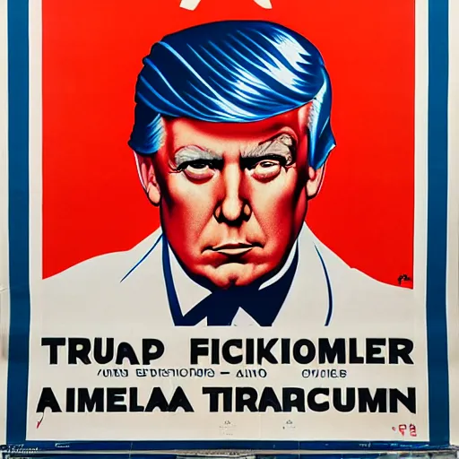Prompt: a colorful 1920s propaganda poster of Donald trumps face looking at the camera, only his face, mosaic, high contrast, norman Rockwell,