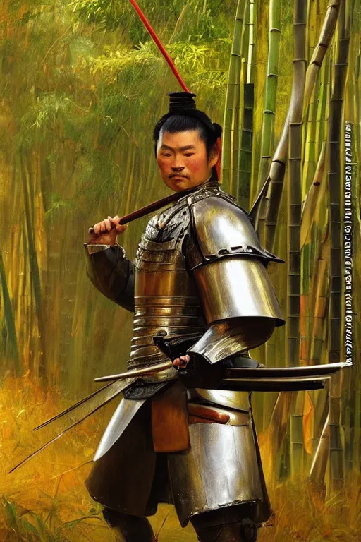 Image similar to close up of samurai warrior in full armor, in a bamboo forest, by vladimir volegov and alexander averin and delphin enjolras and daniel f. gerhartz