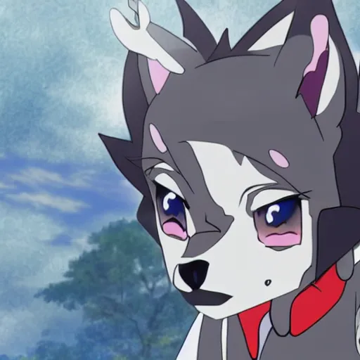 Image similar to anime still an anthro grey wolffurry fursona in a school uniform, handsome anime eyes, key anime visuals with indoor anime background