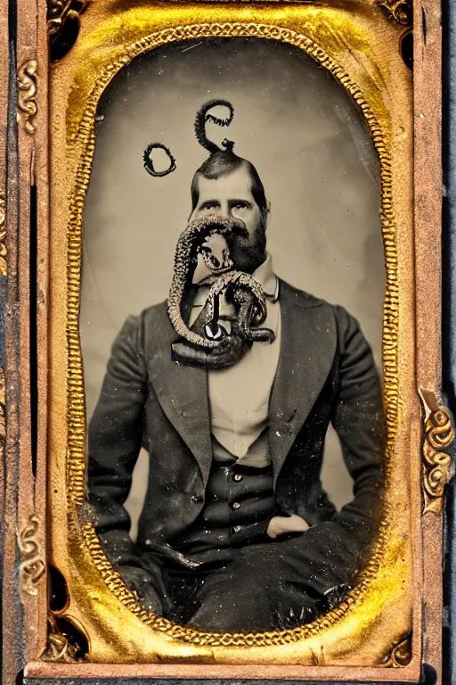 Image similar to a tintype photo portrait of a man with an octopus for a head, highly detailed, 5 0 0 px, sharp focus