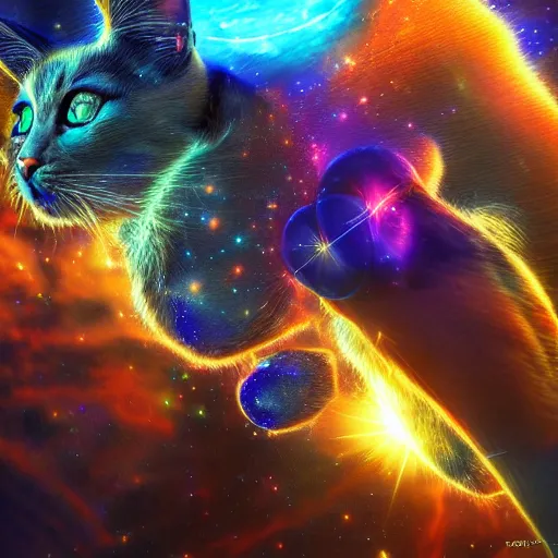 Prompt: Photorealistic magic cats in space. Hyperdetailed photorealism, 108 megapixels, amazing depth, glowing rich colors, powerful imagery, psychedelic Overtones, 3D finalrender, 3d shading, cinematic lighting, artstation concept art, masterpiece